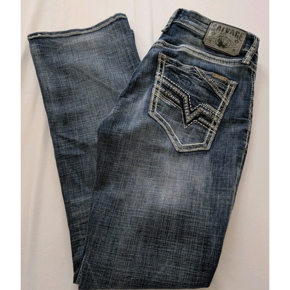 Buckle Salvage Supply Co Havoc Boot Jeans Mens 31x30 Slim Fit Thick Stitch Blue
